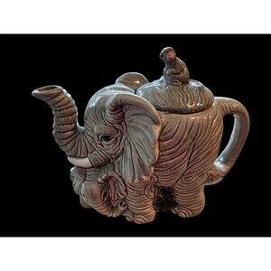 Goodluck Elephant Mother & Baby Ceramic Teapot With Monkey Lid 7" × 9"NEW